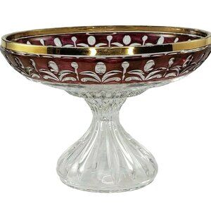 Vintage Anna Hutte Bleikristall Ruby Gold Compote Crystal Pedestal Footed Bowl